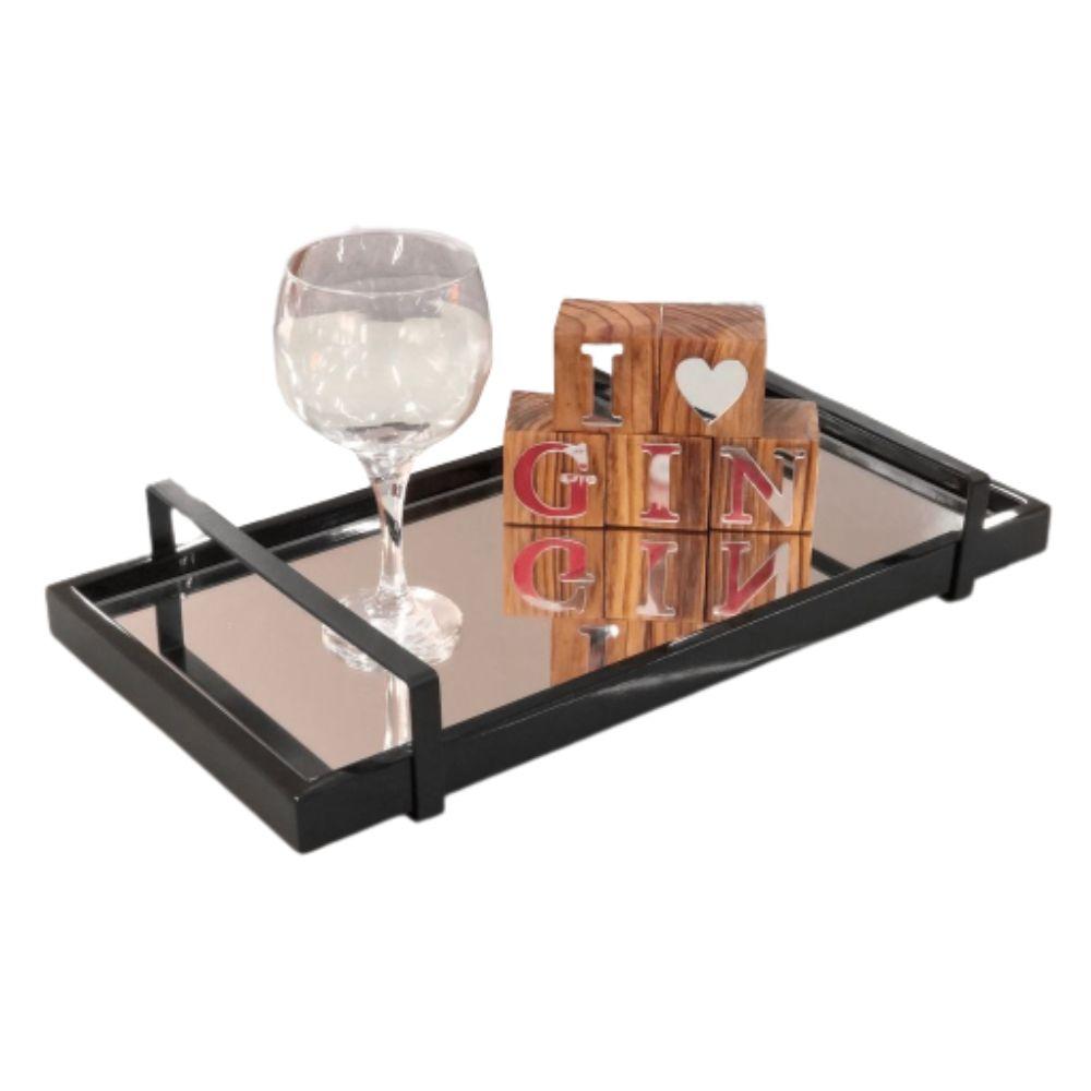 Bandeja Espelhada MDF Laqueado Preto com Alça em Metal Preto
