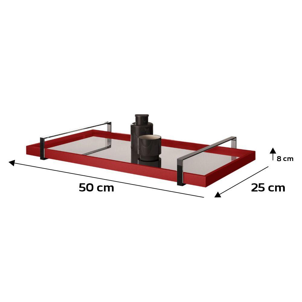 Bandeja Espelhada MDF Laqueado Vermelho com Alça em Metal Cromado