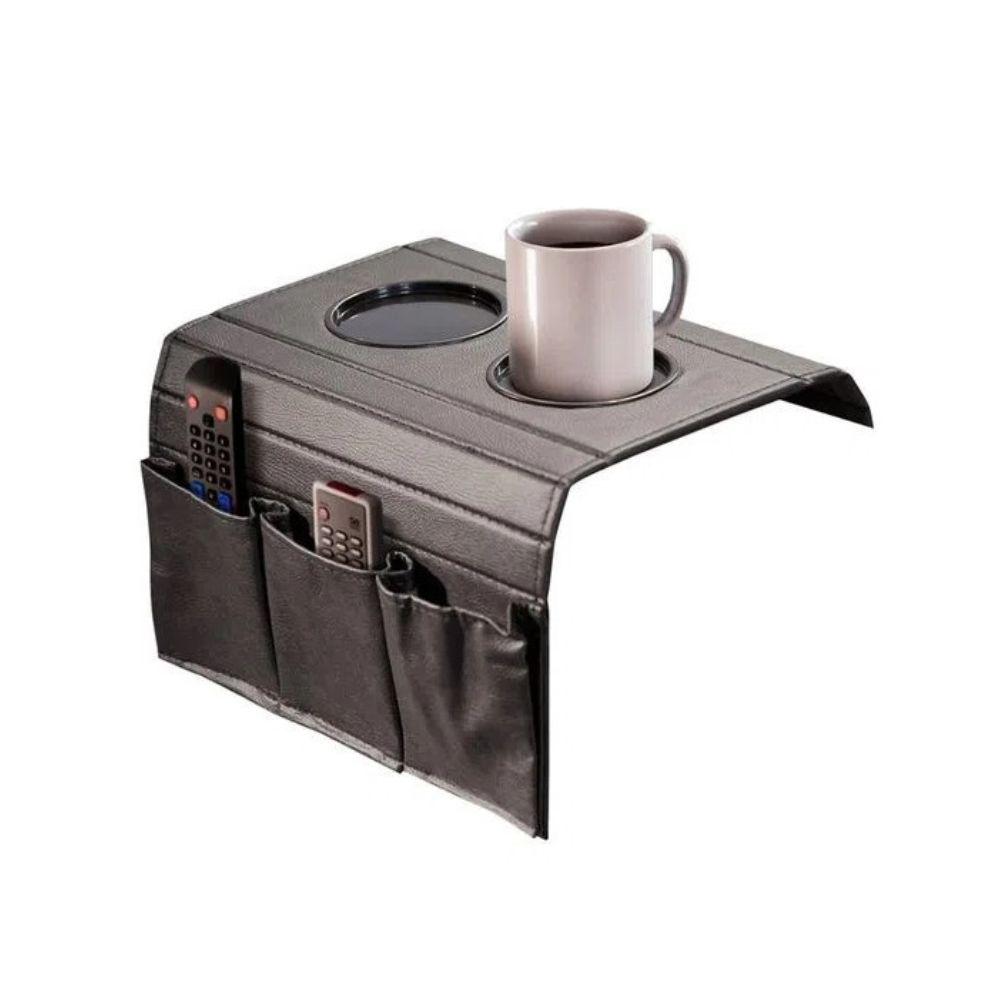Bandeja Esteira para Braço de Sofá de Couro Preto com Porta Controle