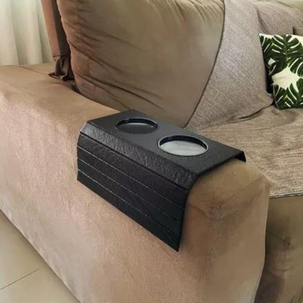 Bandeja Esteira para Braço de Sofá de Couro Preto com Porta Copos