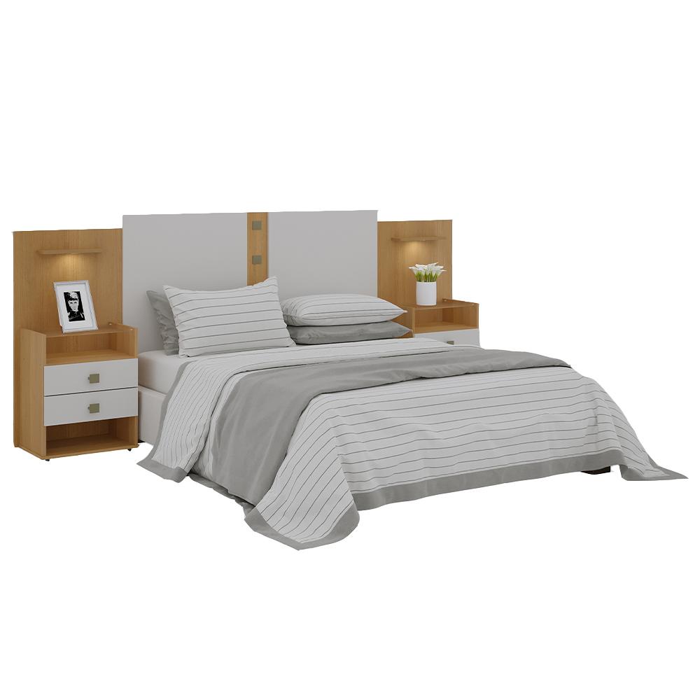 Cabeceira Casal/Queen Rubi Extensível com 2 Mesas de Cabeceira D'Doro Cinamono Off White 1,40/1,60M