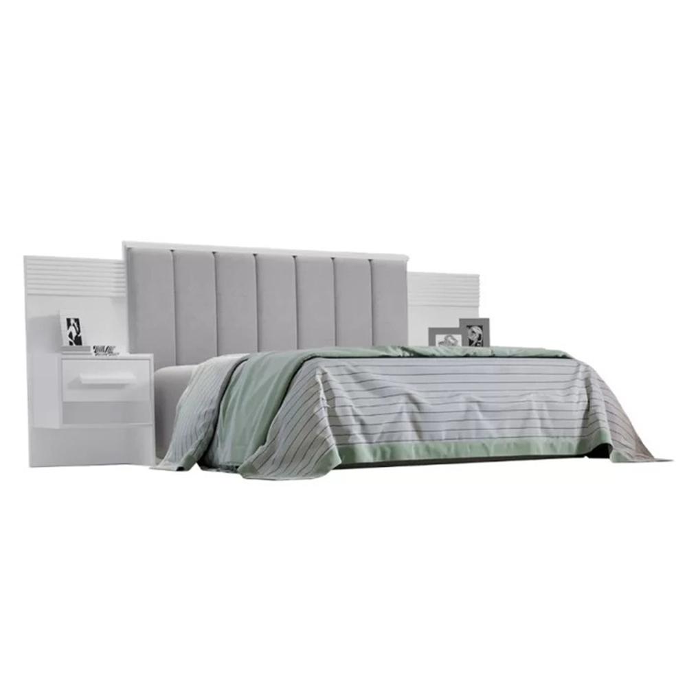 Cabeceira Queen Íris Estofada com 2 Mesas de Cabeceira D'Doro Branco Ripado 1,60M