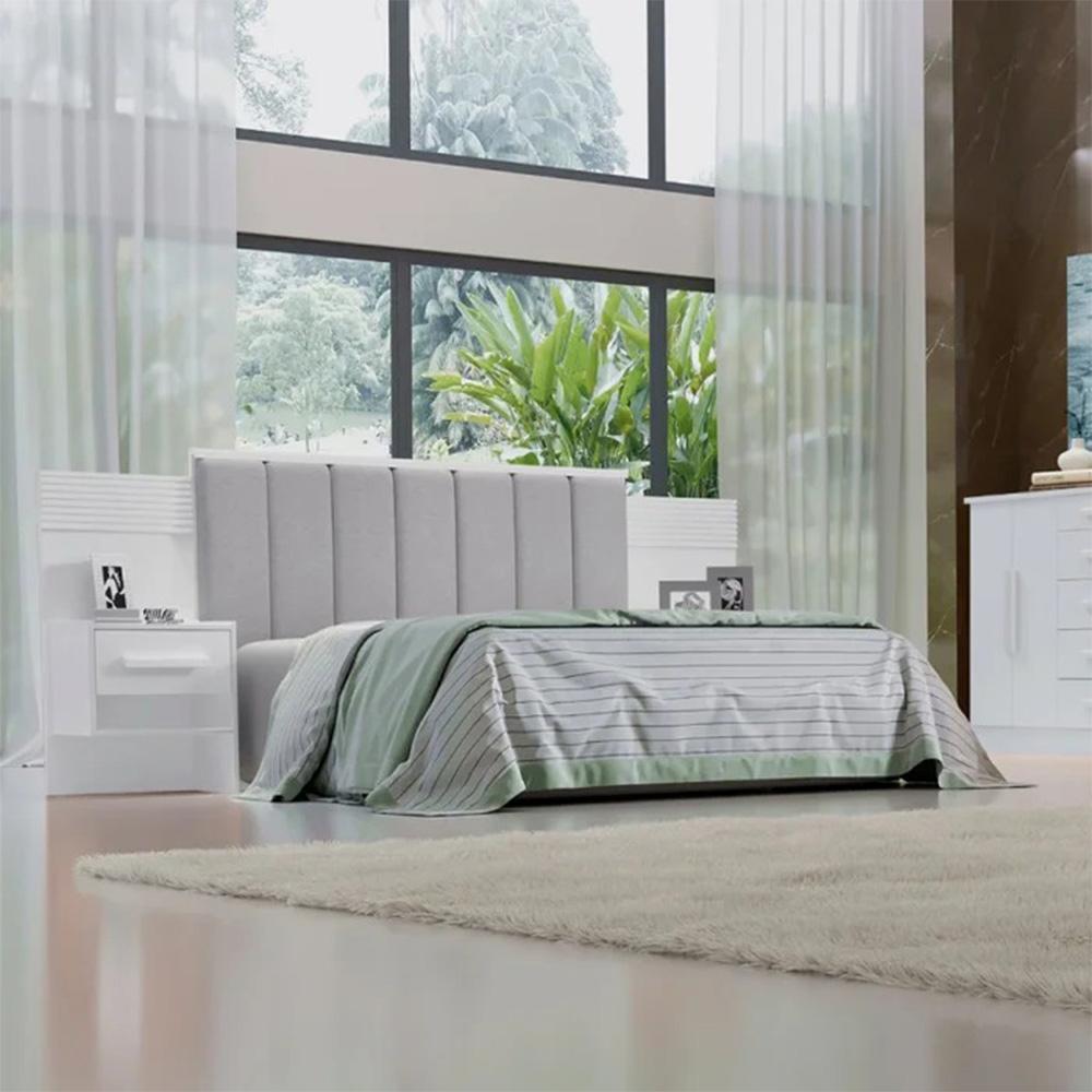 Cabeceira Queen Íris Estofada com 2 Mesas de Cabeceira D'Doro Branco Ripado 1,60M