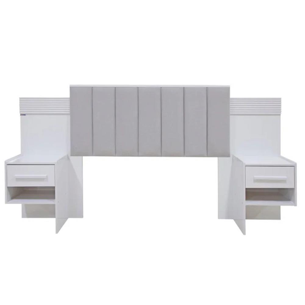 Cabeceira Queen Íris Estofada com 2 Mesas de Cabeceira D'Doro Branco Ripado 1,60M