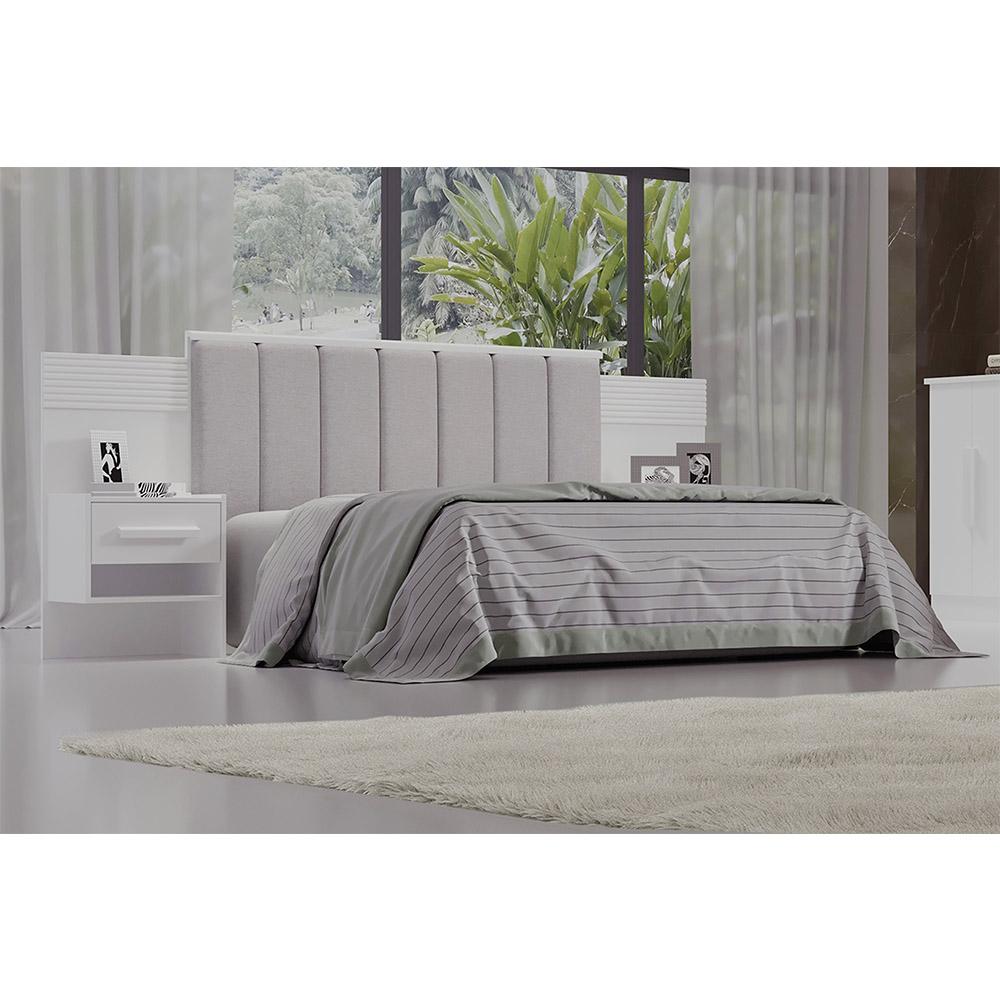 Cabeceira Queen Íris Estofada com 2 Mesas de Cabeceira D'Doro Branco Ripado 1,60M