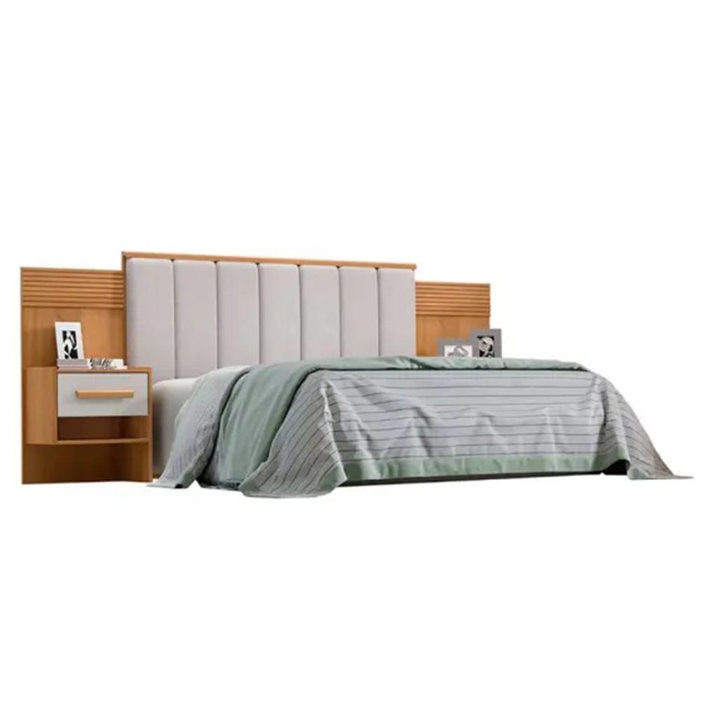 Cabeceira Queen Íris Estofada com 2 Mesas de Cabeceira D'Doro Cinamono Off White Ripado 1,60M
