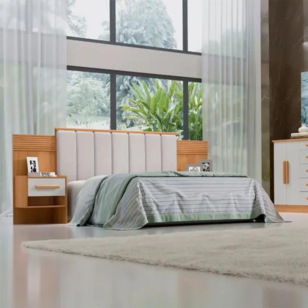 Cabeceira Queen Íris Estofada com 2 Mesas de Cabeceira D'Doro Cinamono Off White Ripado 1,60M