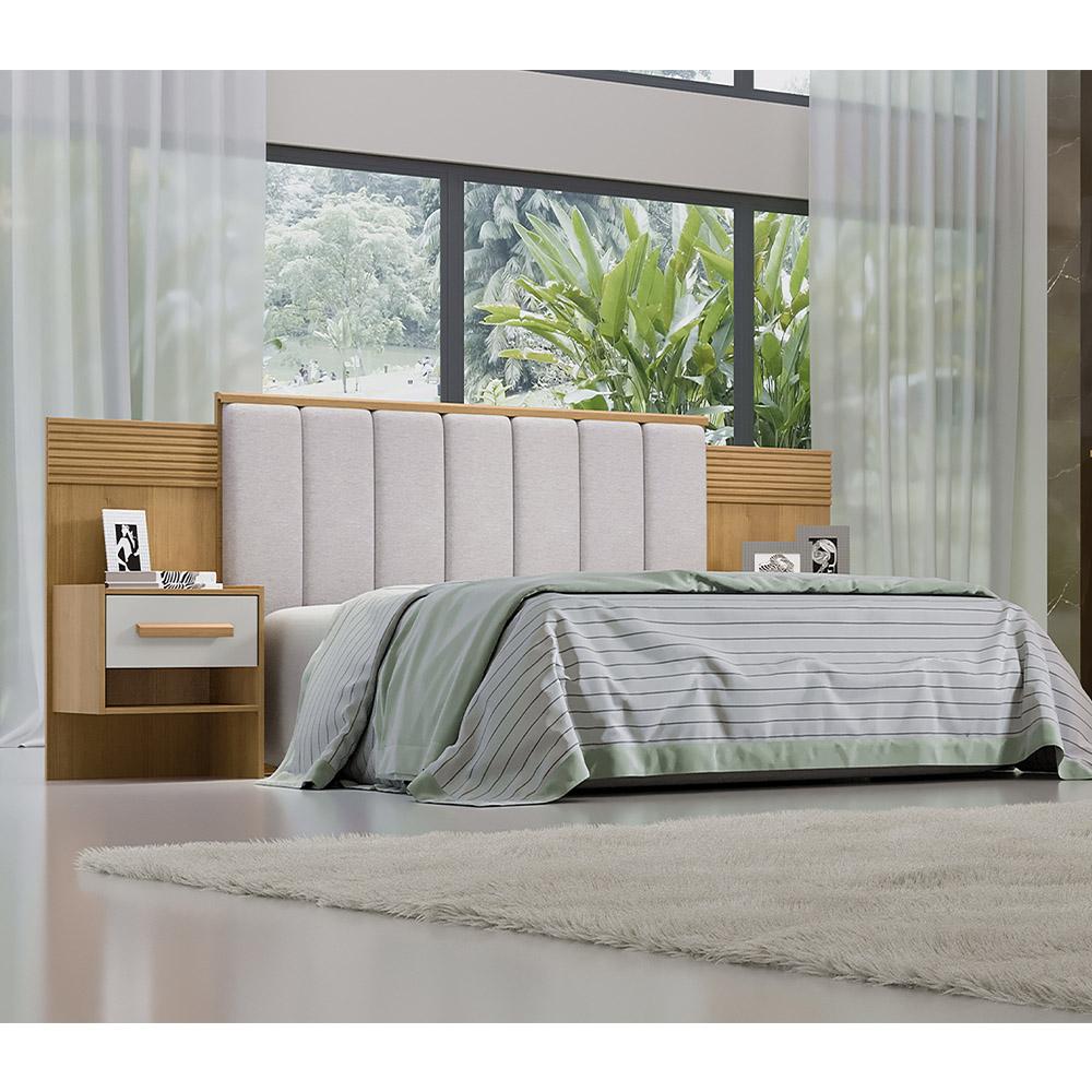 Cabeceira Queen Íris Estofada com 2 Mesas de Cabeceira D'Doro Cinamono Off White Ripado 1,60M