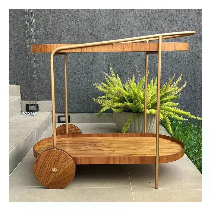 Carrinho Bar Adega Moscato com 2 Prateleiras Metal Dourado com Madeira Laminada