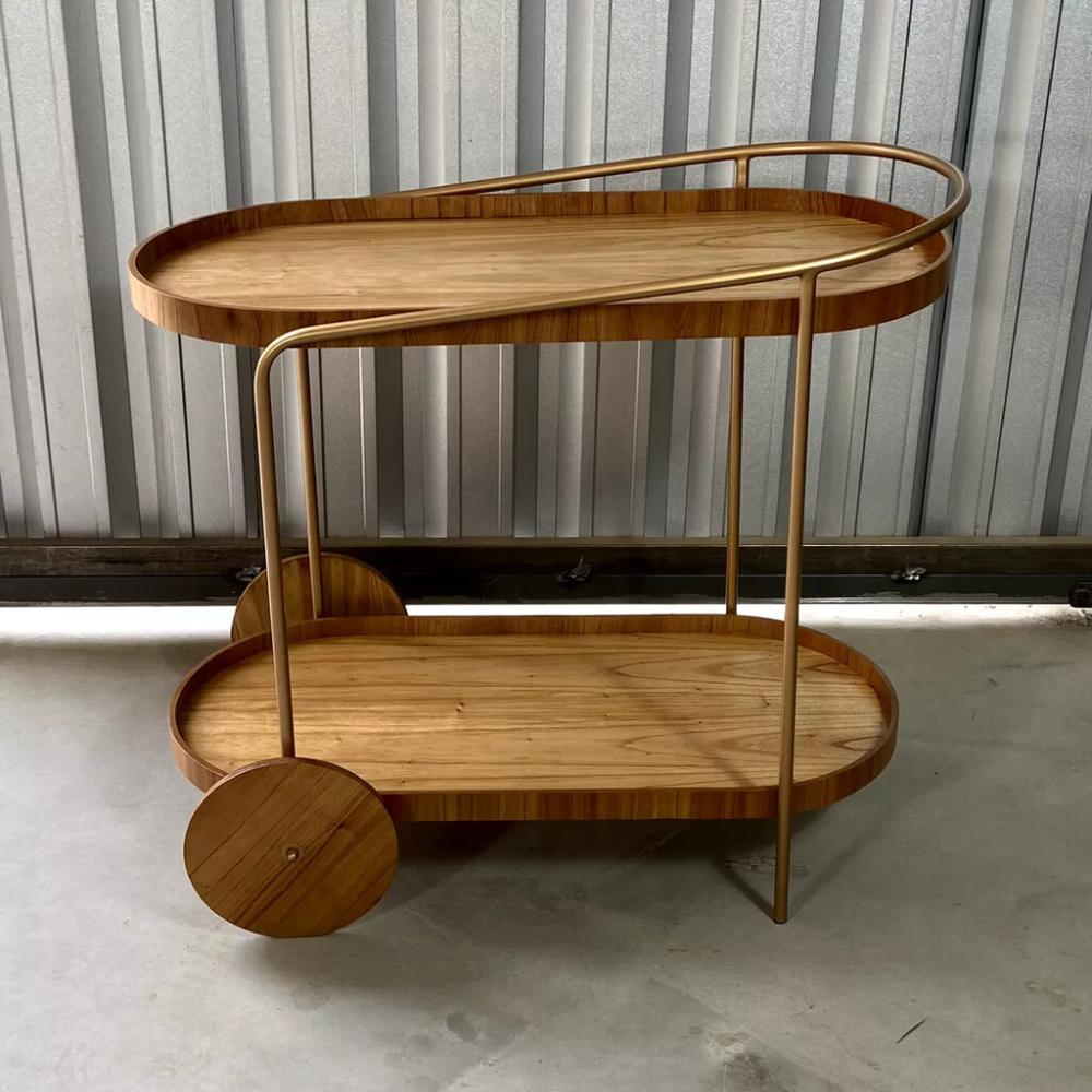 Carrinho Bar Adega Moscato com 2 Prateleiras Metal Dourado com Madeira Laminada