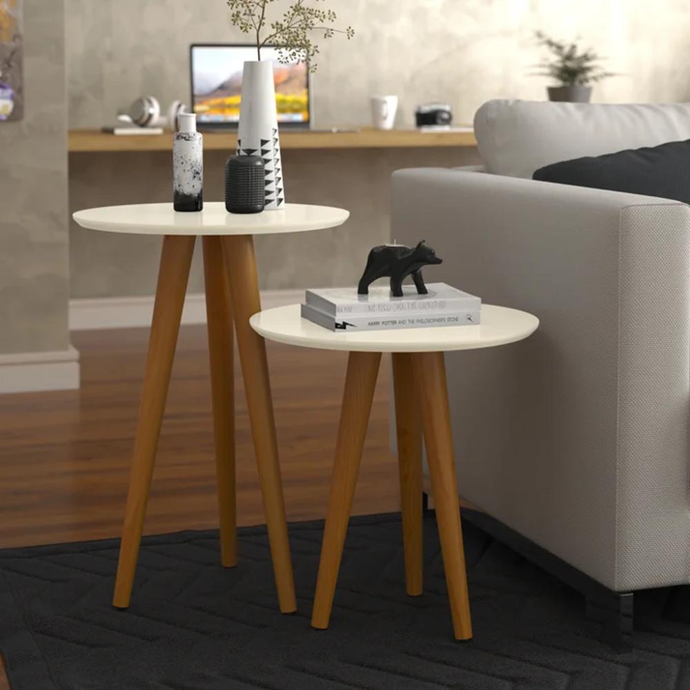 Conjunto 2 Mesinhas Redonda de Canto Lateral Retro Pé Palito Branco