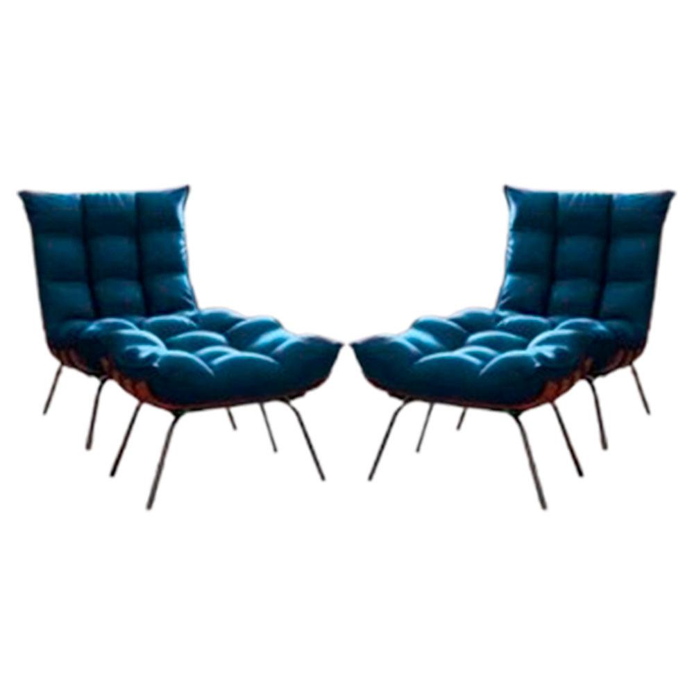 Conjunto 2 Poltronas Costela Com Puff Tecido Veludo Azul