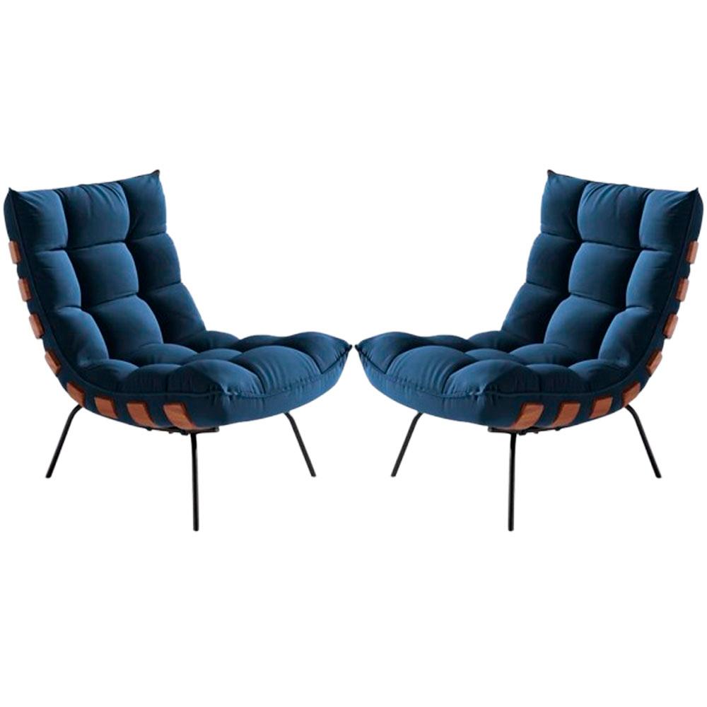 Conjunto 2 Poltronas Costela Com Puff Tecido Veludo Azul