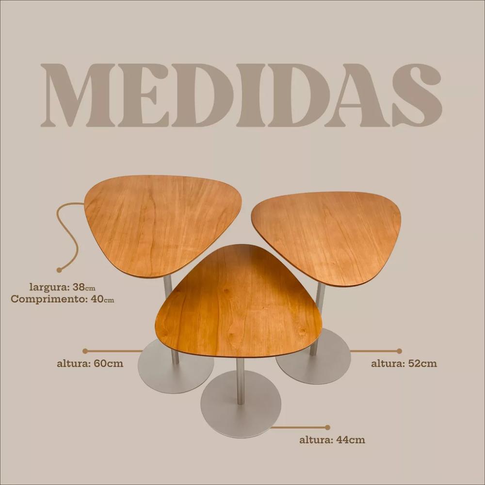Conjunto 3 Mesas Lateral Orgânica UP Tampo Cinamono e Metal Champanhe