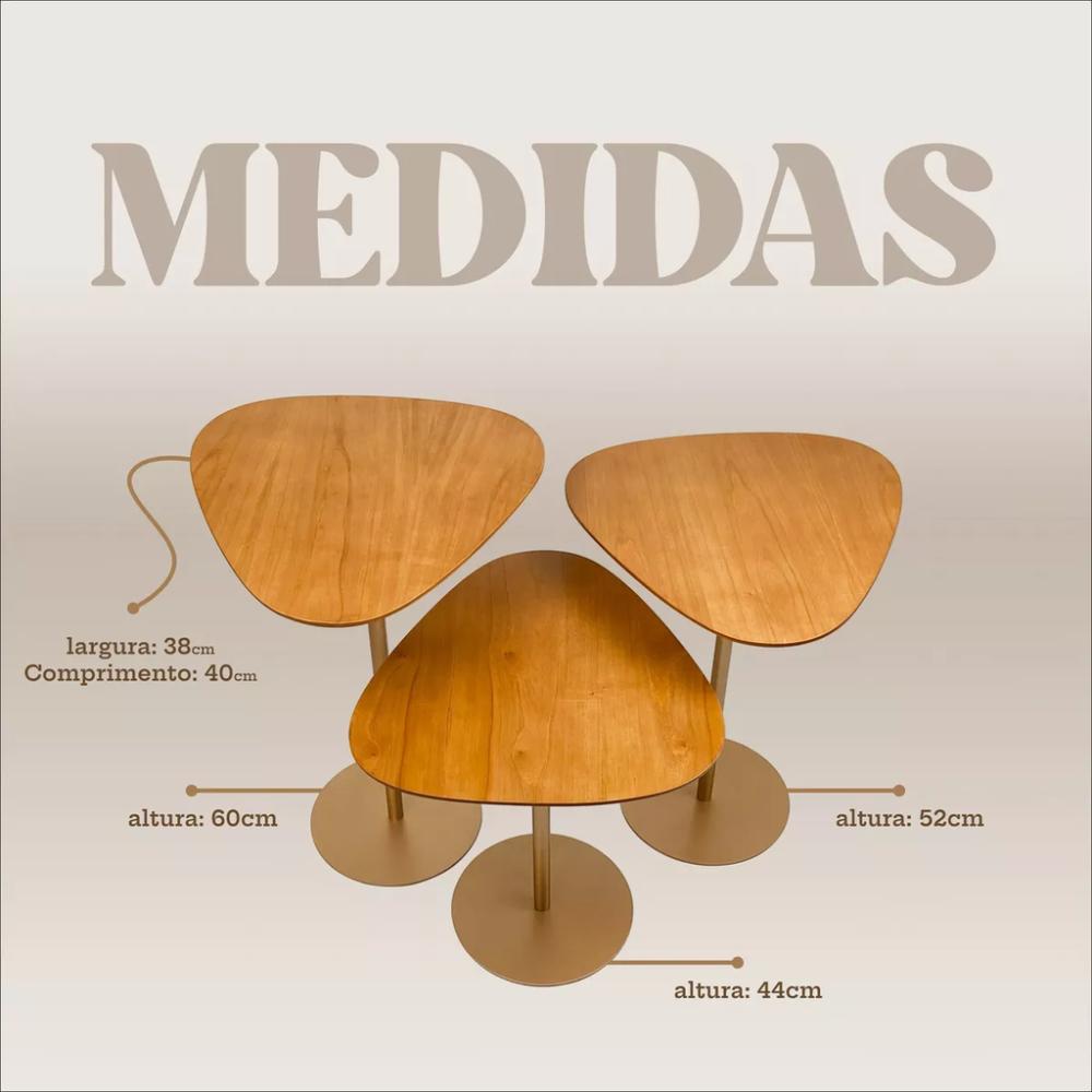 Conjunto 3 Mesas Lateral Orgânica UP Tampo Cinamono e Metal Dourado