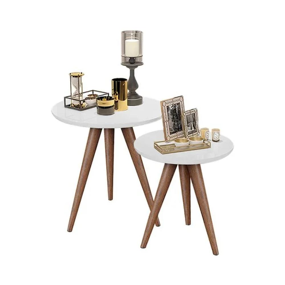 Conjunto Mesa Lateral de Apoio Retrô Pés Palito Off White