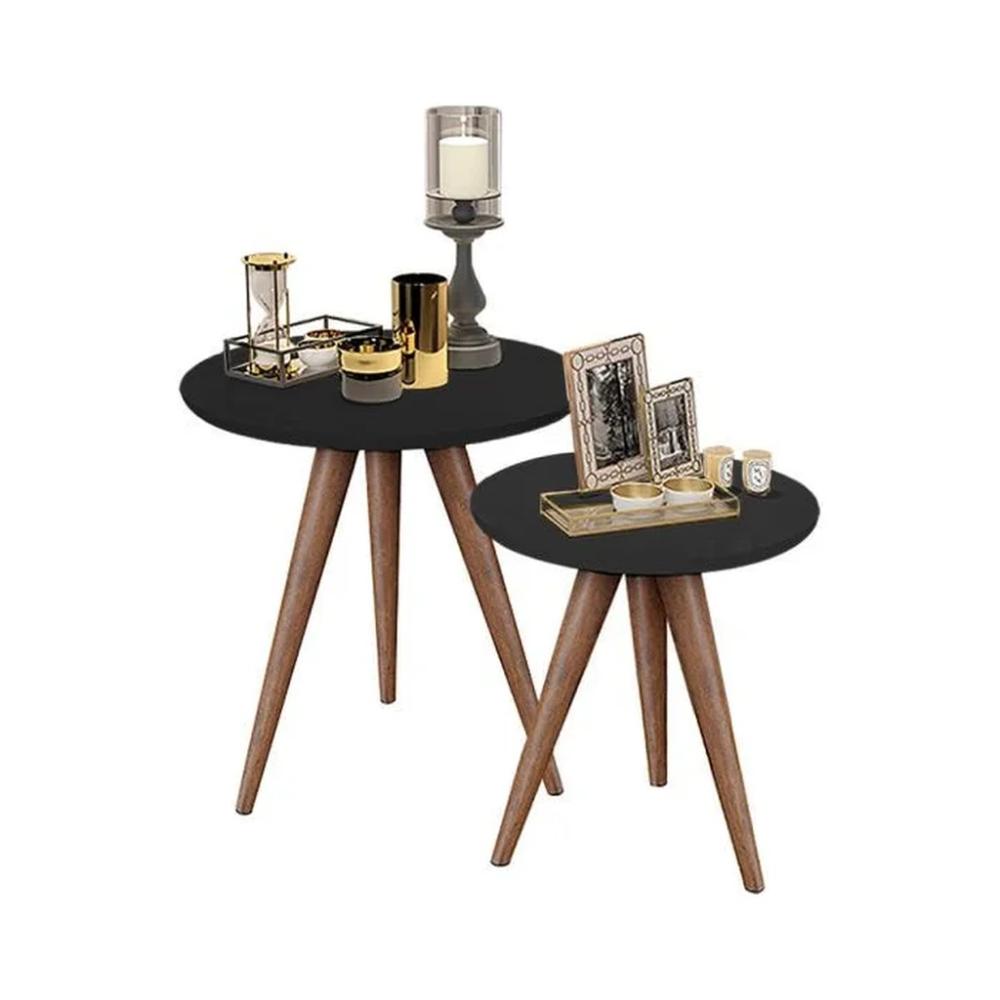 Conjunto Mesa Lateral de Apoio Retrô Pés Palito Quality Móveis Preto