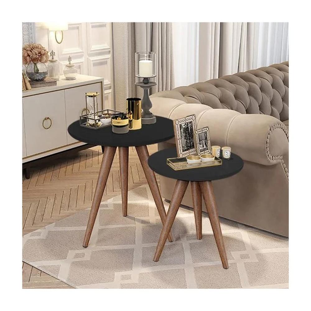 Conjunto Mesa Lateral de Apoio Retrô Pés Palito Quality Móveis Preto