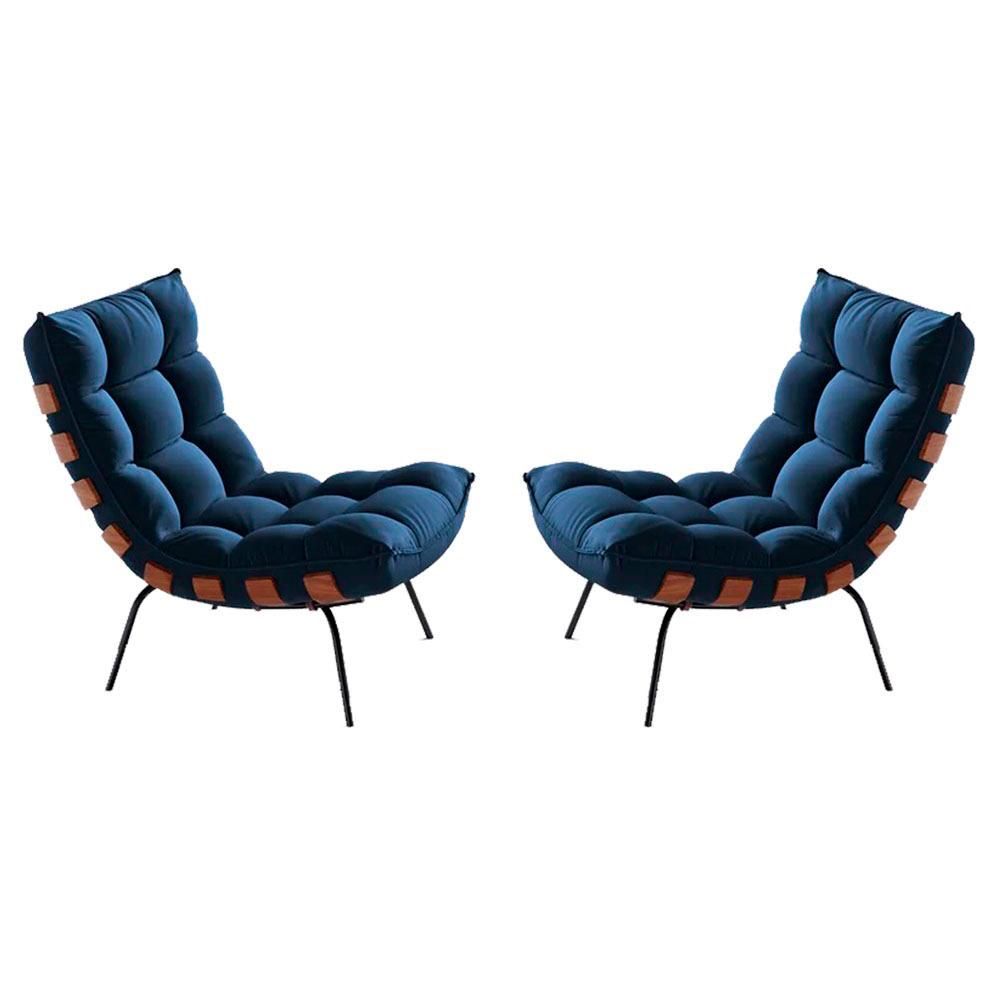 Conjunto Poltrona Costela Tecido Veludo Azul Marinho