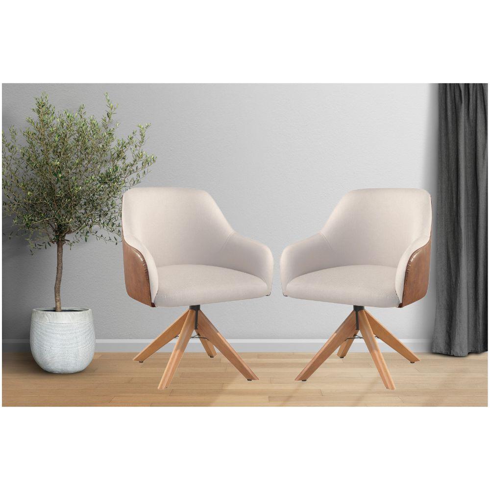 Conjunto Poltronas Decorativa Hera Linho Nude Couro Caramelo com Base Giratória em Madeira