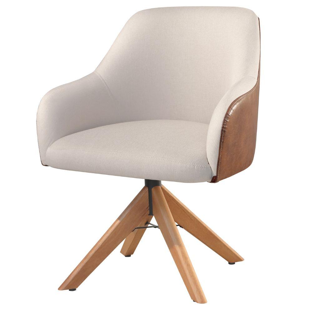 Conjunto Poltronas Decorativa Hera Linho Nude Couro Caramelo com Base Giratória em Madeira