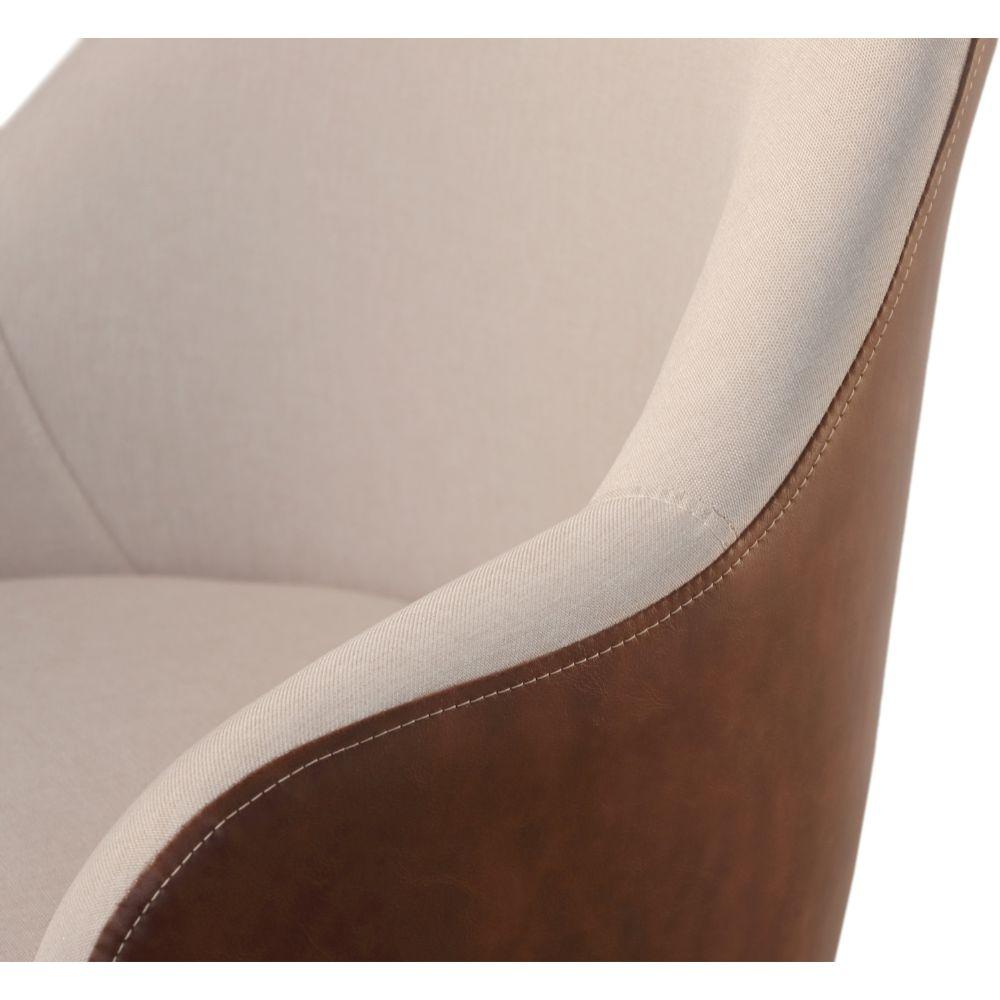 Conjunto Poltronas Decorativa Hera Linho Nude Couro Caramelo com Base Giratória em Madeira