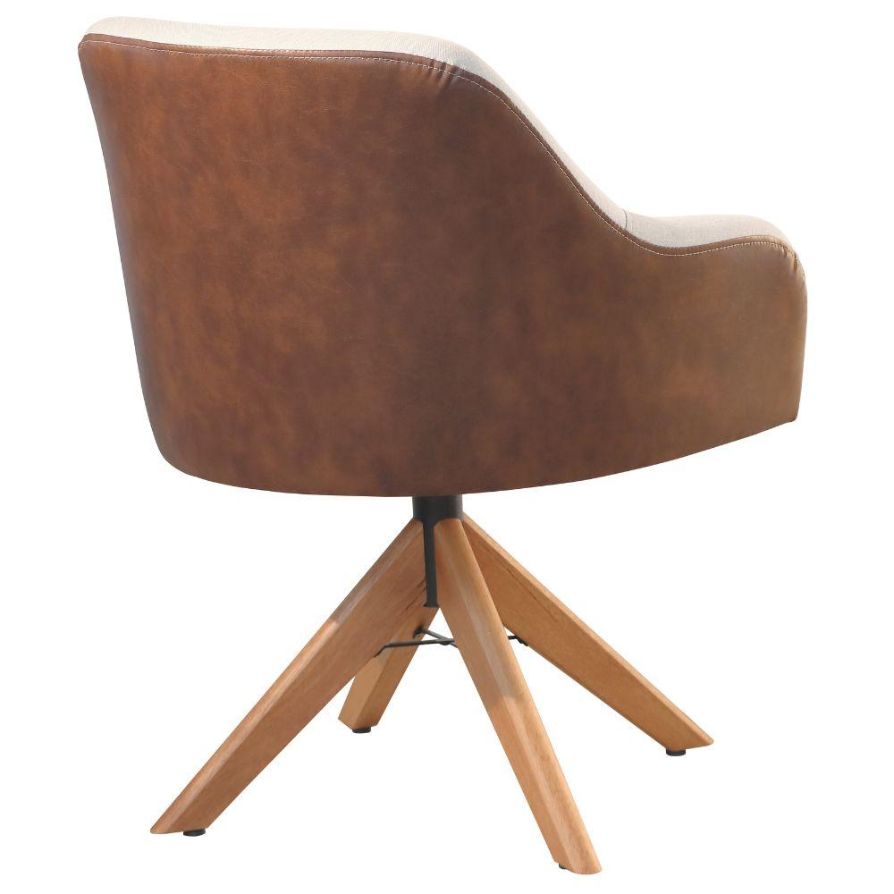 Conjunto Poltronas Decorativa Hera Linho Nude Couro Caramelo com Base Giratória em Madeira
