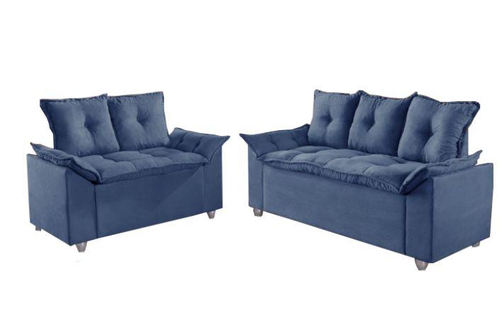 Conjunto Sofá 2 e 3 Lugares Viena Veludo Azul