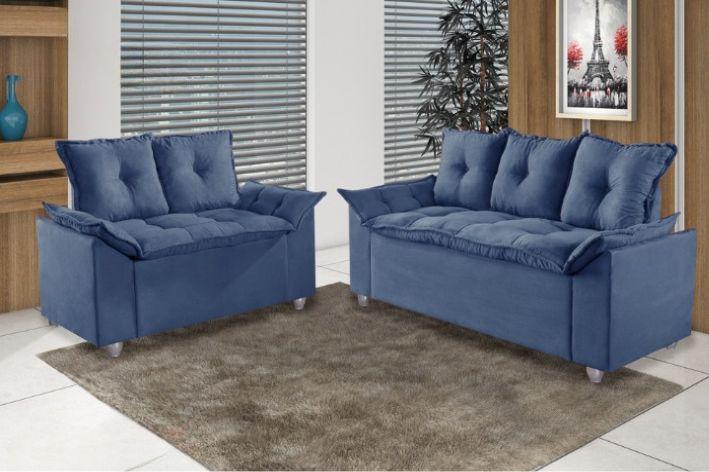 Conjunto Sofá 2 e 3 Lugares Viena Veludo Azul