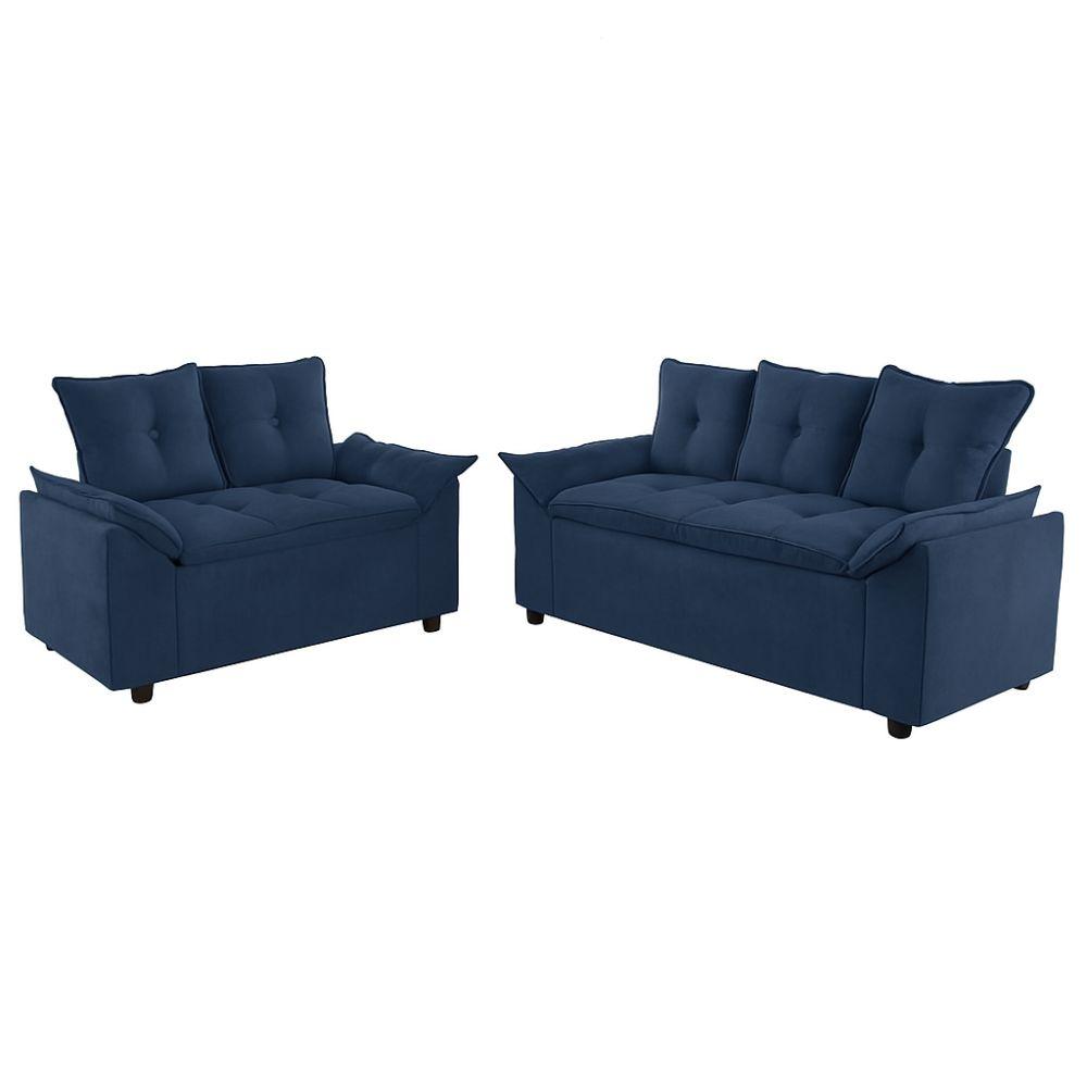 Conjunto Sofá 2 e 3 Lugares Viena Veludo Azul