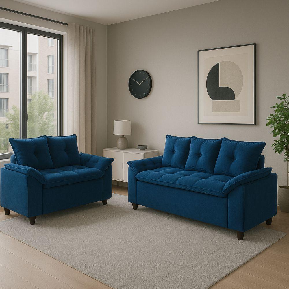 Conjunto Sofá 2 e 3 Lugares Viena Veludo Azul