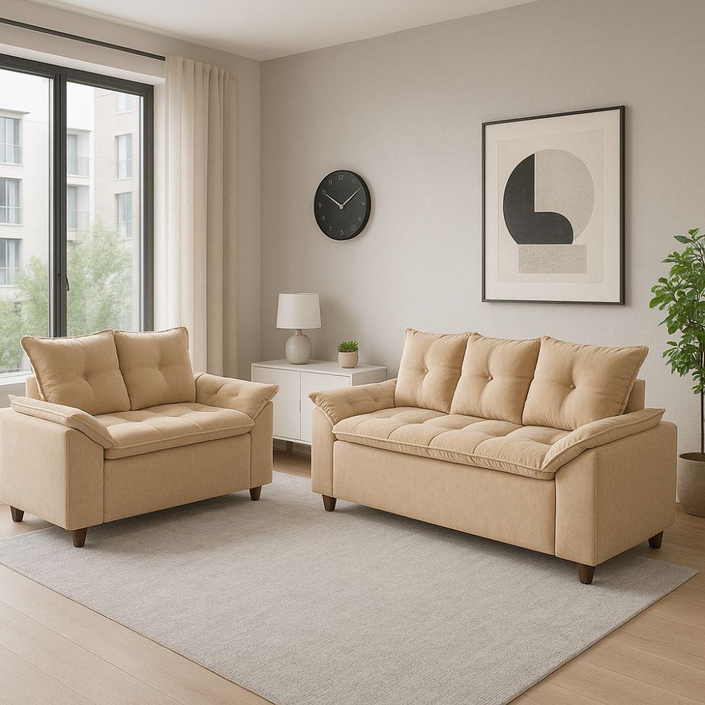 Conjunto Sofá 2 e 3 Lugares Viena Veludo Bege