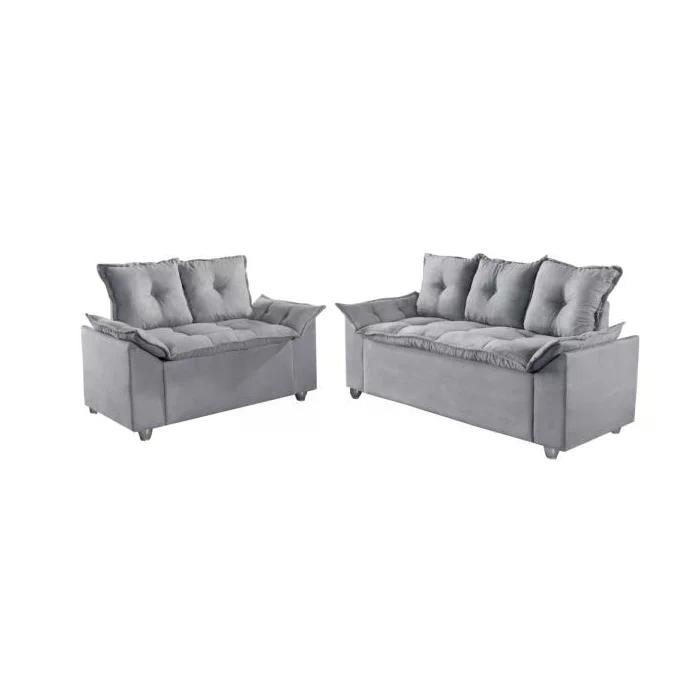 Conjunto Sofá 2 e 3 Lugares Viena Veludo Cinza
