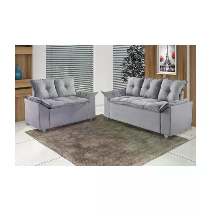 Conjunto Sofá 2 e 3 Lugares Viena Veludo Cinza