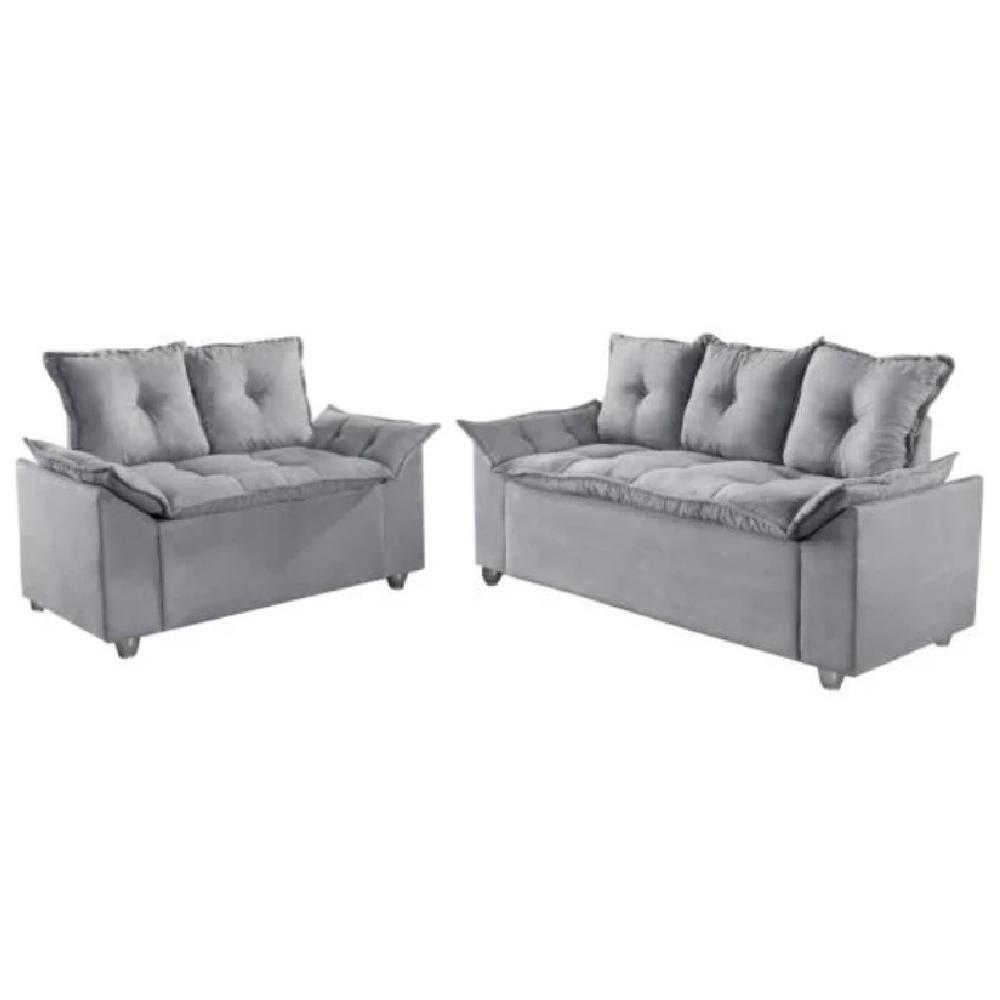 Conjunto Sofá 2 e 3 Lugares Viena Veludo Cinza