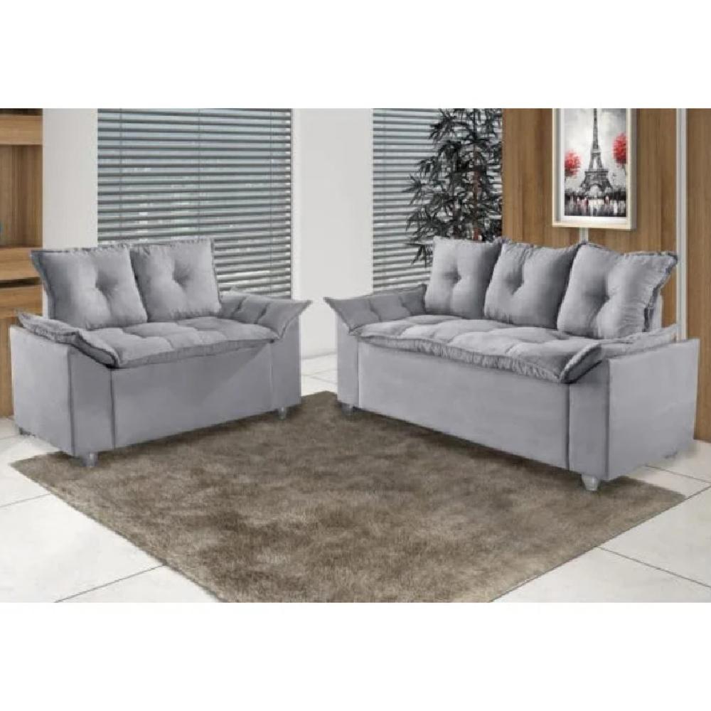 Conjunto Sofá 2 e 3 Lugares Viena Veludo Cinza