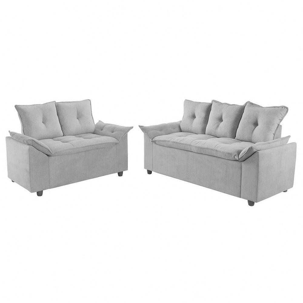 Conjunto Sofá 2 e 3 Lugares Viena Veludo Cinza