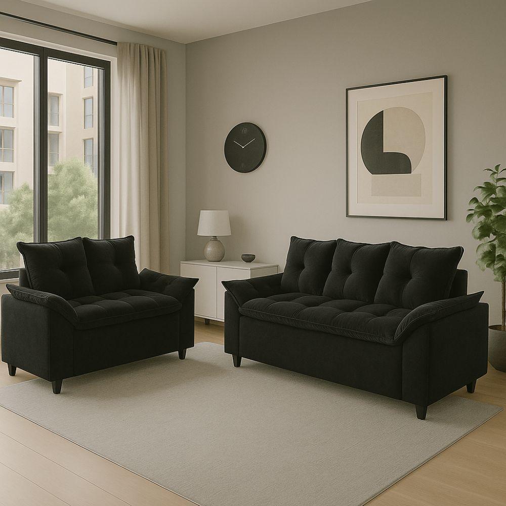 Conjunto Sofá 2 e 3 Lugares Viena Veludo Preto