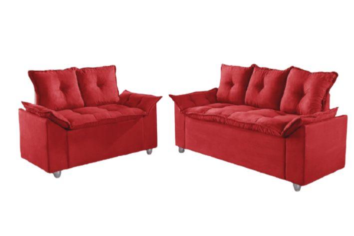 Conjunto Sofá 2 e 3 Lugares Viena Veludo Vermelho