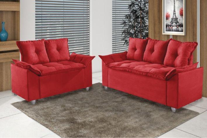 Conjunto Sofá 2 e 3 Lugares Viena Veludo Vermelho