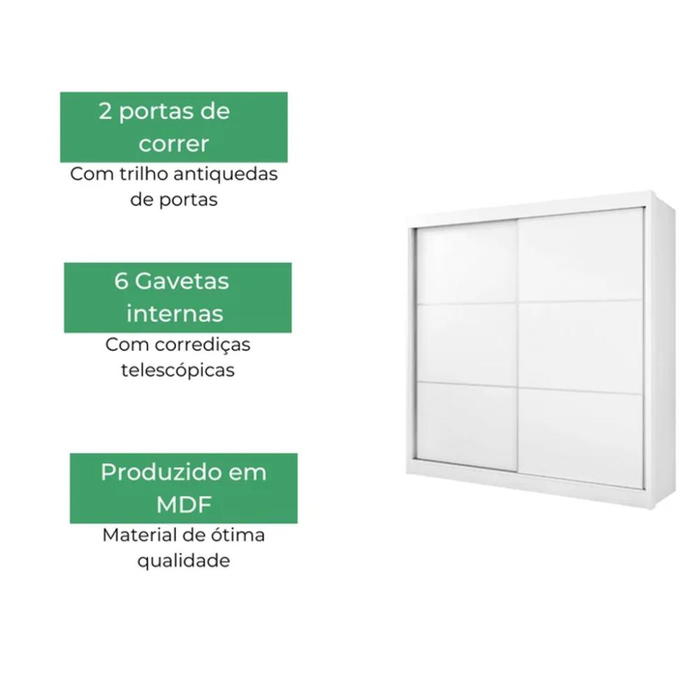 Guarda Roupa 2 Portas de Correr 6 Gavetas Cancun D'Doro Branco