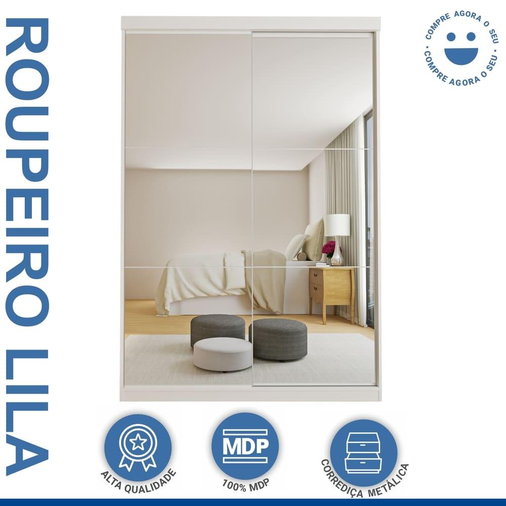 Guarda Roupa 2 Portas de Correr com Espelho 2 Gavetas Lila Minastex Branco