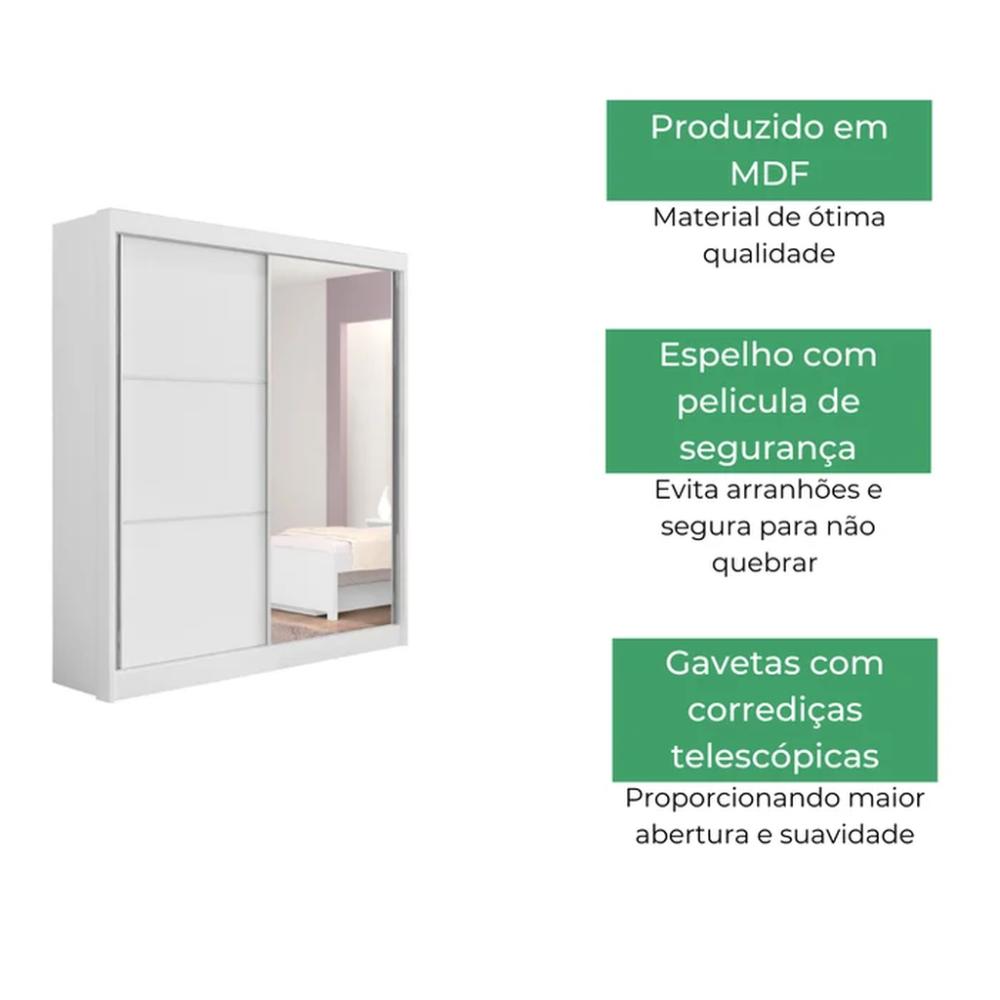 Guarda Roupa 2 Portas de Correr com Espelho 3 Gavetas Atenas D'Doro Branco