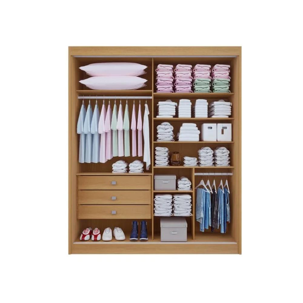 Guarda Roupa 2 Portas de Correr com Espelho e Ripado 3 Gavetas Atenas D'Doro Cinamono Off White