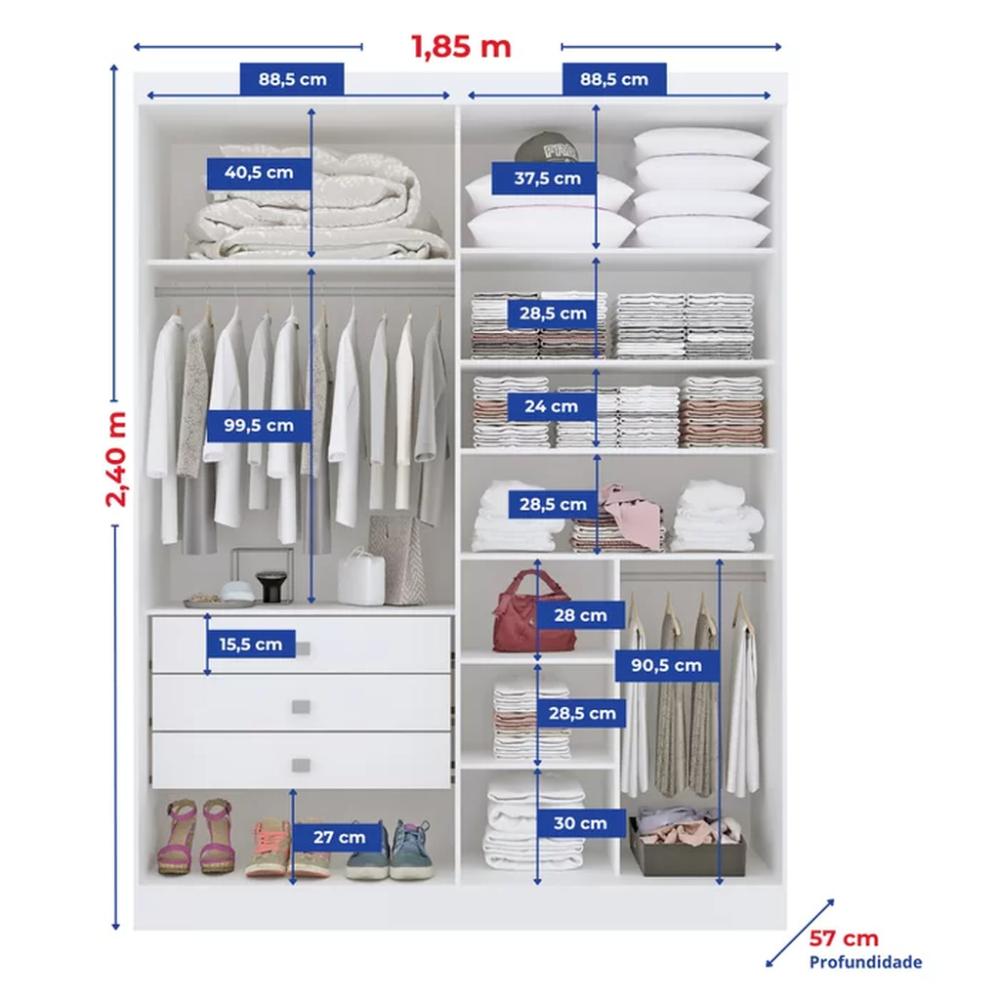 Guarda Roupa Da Vinci Plus Branco 4 Portas 3 Gavetas