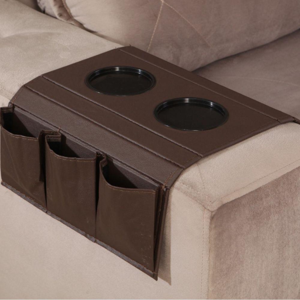 Kit 2 Bandejas Esteira para Braço de Sofá de Couro Marrom com Porta Controle
