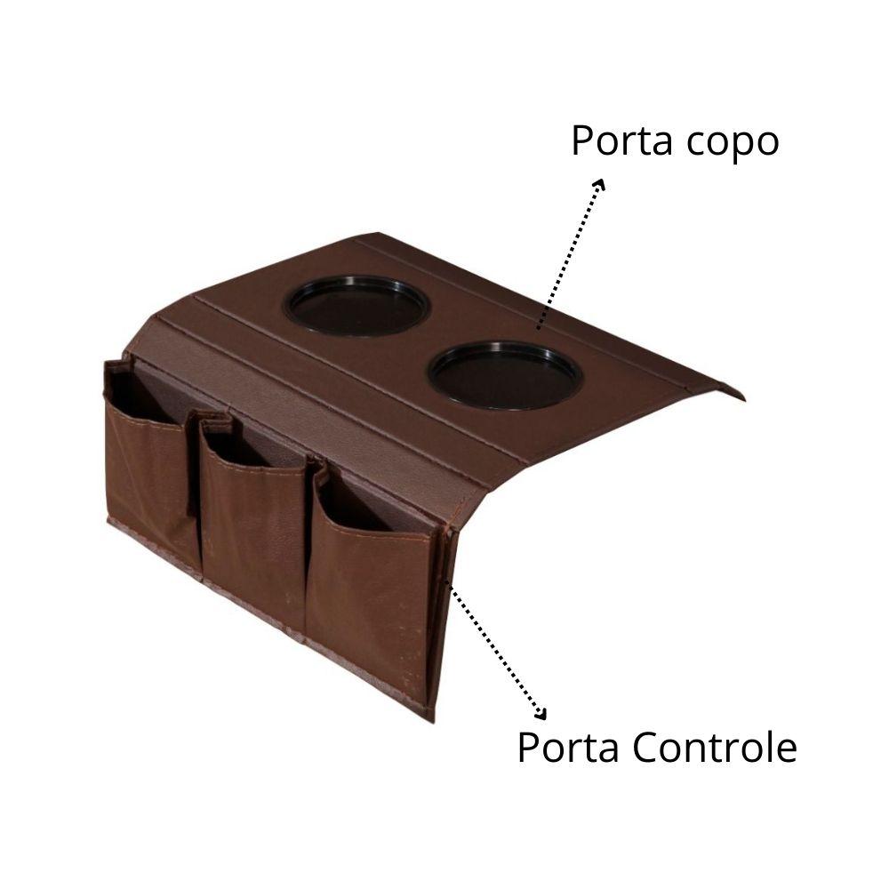 Kit 2 Bandejas Esteira para Braço de Sofá de Couro Marrom com Porta Controle