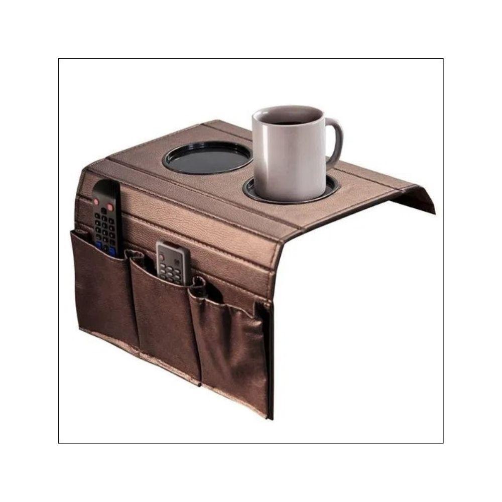 Kit 2 Bandejas Esteira para Braço de Sofá de Couro Marrom com Porta Controle