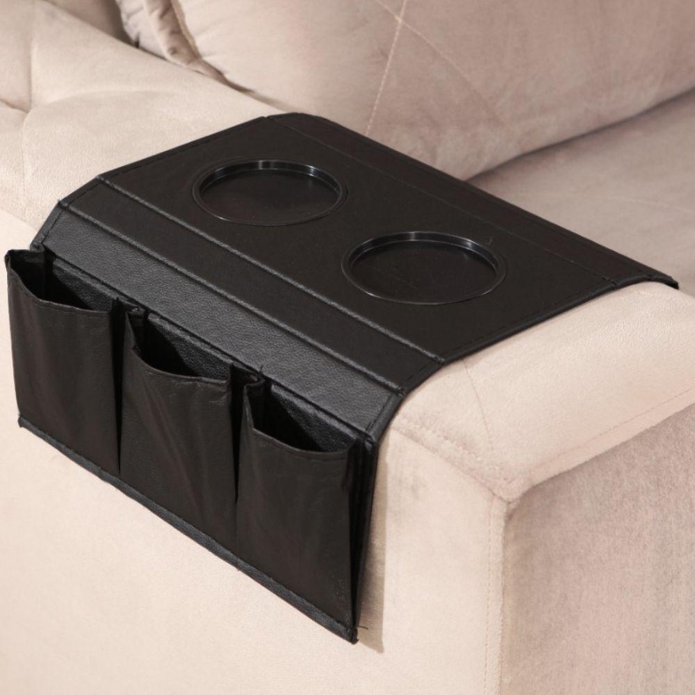 Kit 2 Bandejas Esteira para Braço de Sofá de Couro Preto com Porta Controle