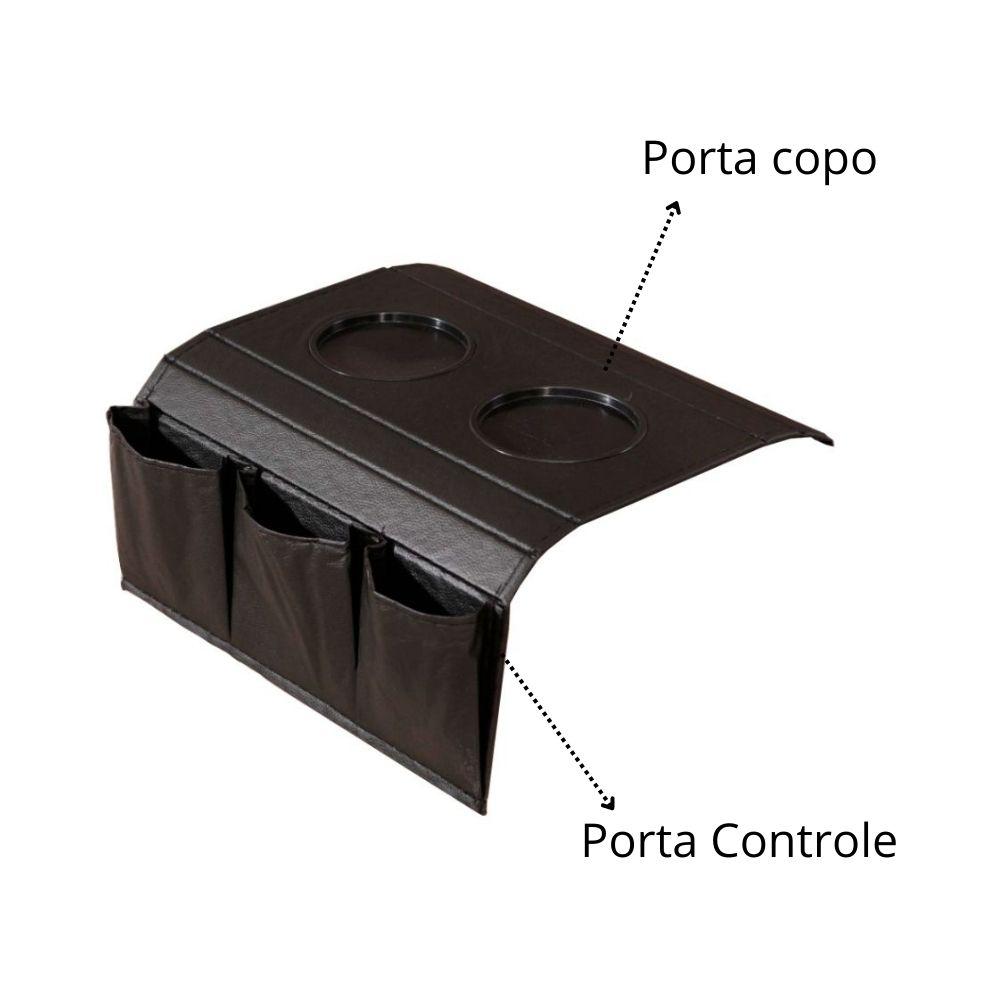 Kit 2 Bandejas Esteira para Braço de Sofá de Couro Preto com Porta Controle